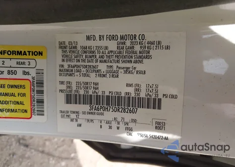2013 Ford Fusion Se z USA, uszkodzony, nr VIN 3FA6P0H75DR282607